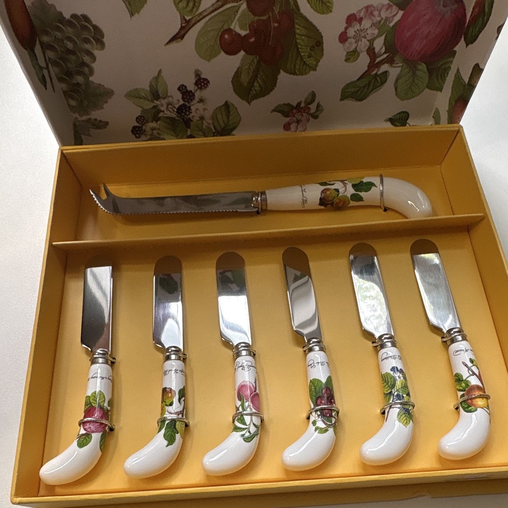 Portmeirion Pomona 7pc Cheese Knife & 6 Spreaders Set Ceramic Floral Handles